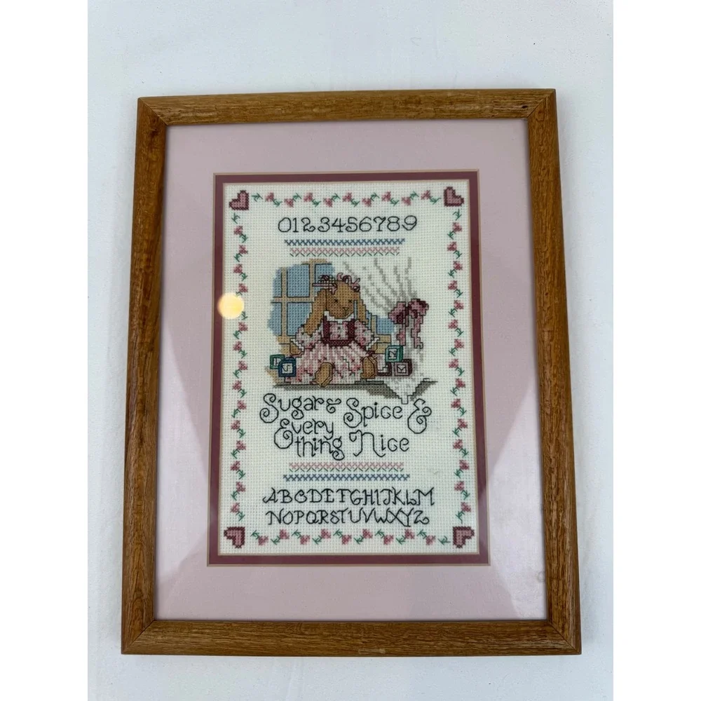 Vintage Framed Cross Stitch Sampler‎ Sugar & Spice Bunny Rabbit Nursery Wall Art